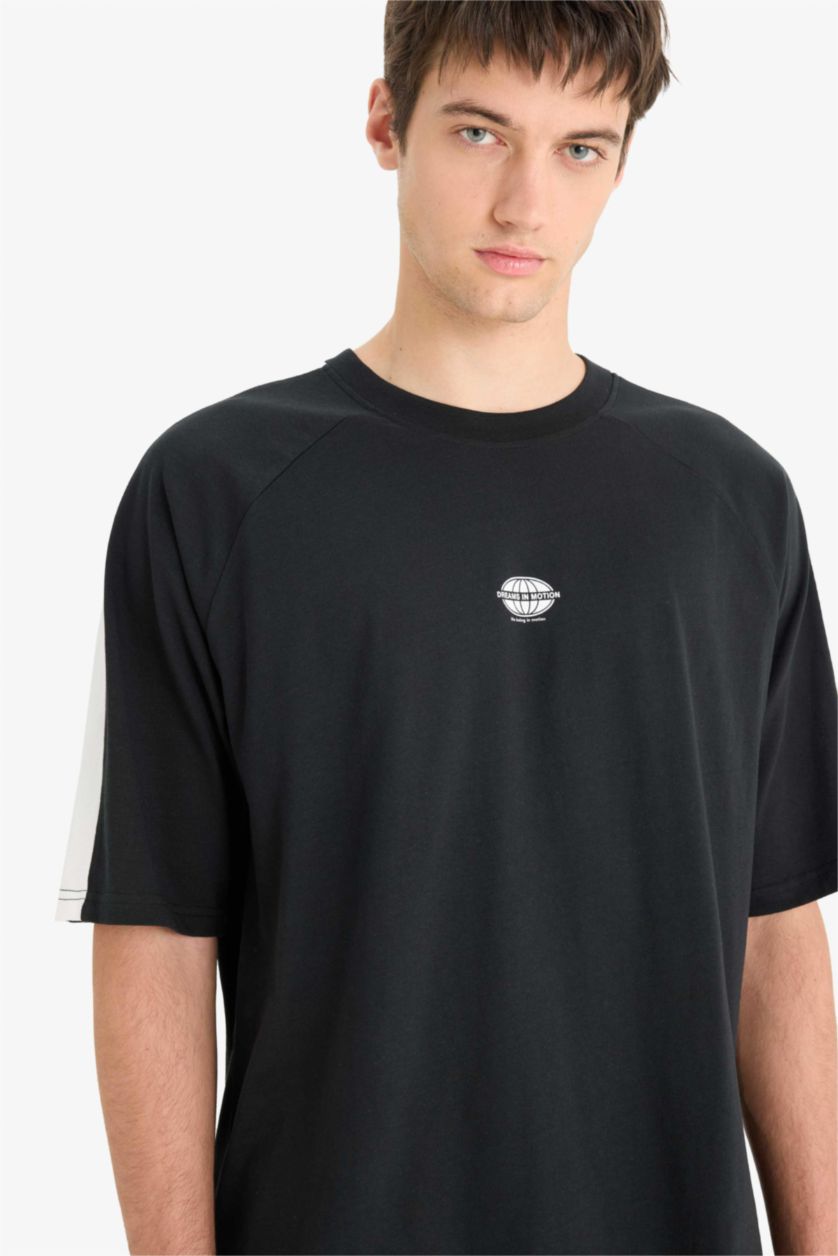 Erkek Siyah %100 Pamuk Loose Fit Bisiklet Yaka Baskılı Kısa Kollu Tişört