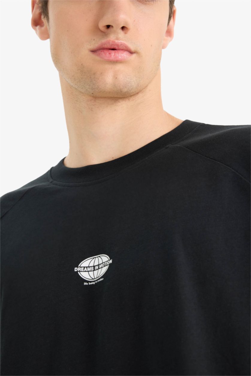 Erkek Siyah %100 Pamuk Loose Fit Bisiklet Yaka Baskılı Kısa Kollu Tişört