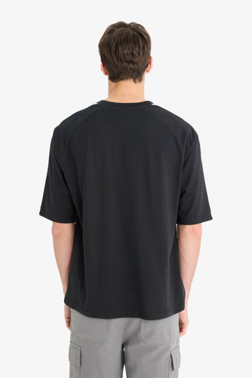 Erkek Siyah %100 Pamuk Loose Fit Bisiklet Yaka Baskılı Kısa Kollu Tişört