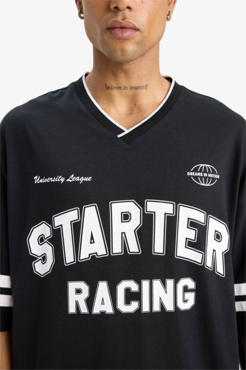 Erkek Siyah %100 Pamuk Loose Fit Bisiklet Yaka Sırt Baskılı Kısa Kollu Tişört