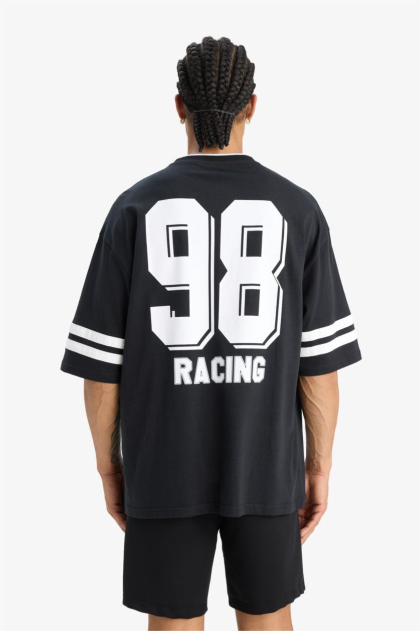 Erkek Siyah %100 Pamuk Loose Fit Bisiklet Yaka Sırt Baskılı Kısa Kollu Tişört