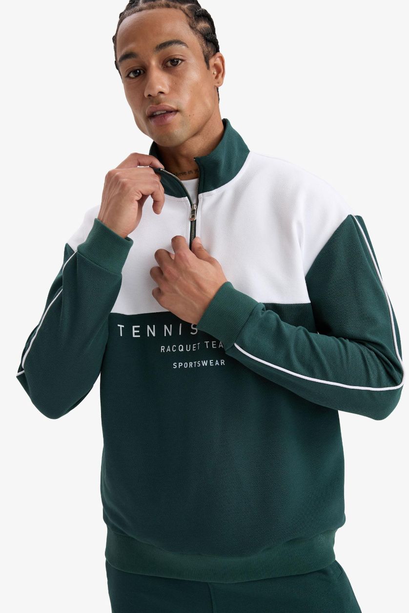 Erkek Koyu Yeşil Boxy Fit Dik Yaka Yarım Fermuarlı Baskılı Sporcu Sweatshirt