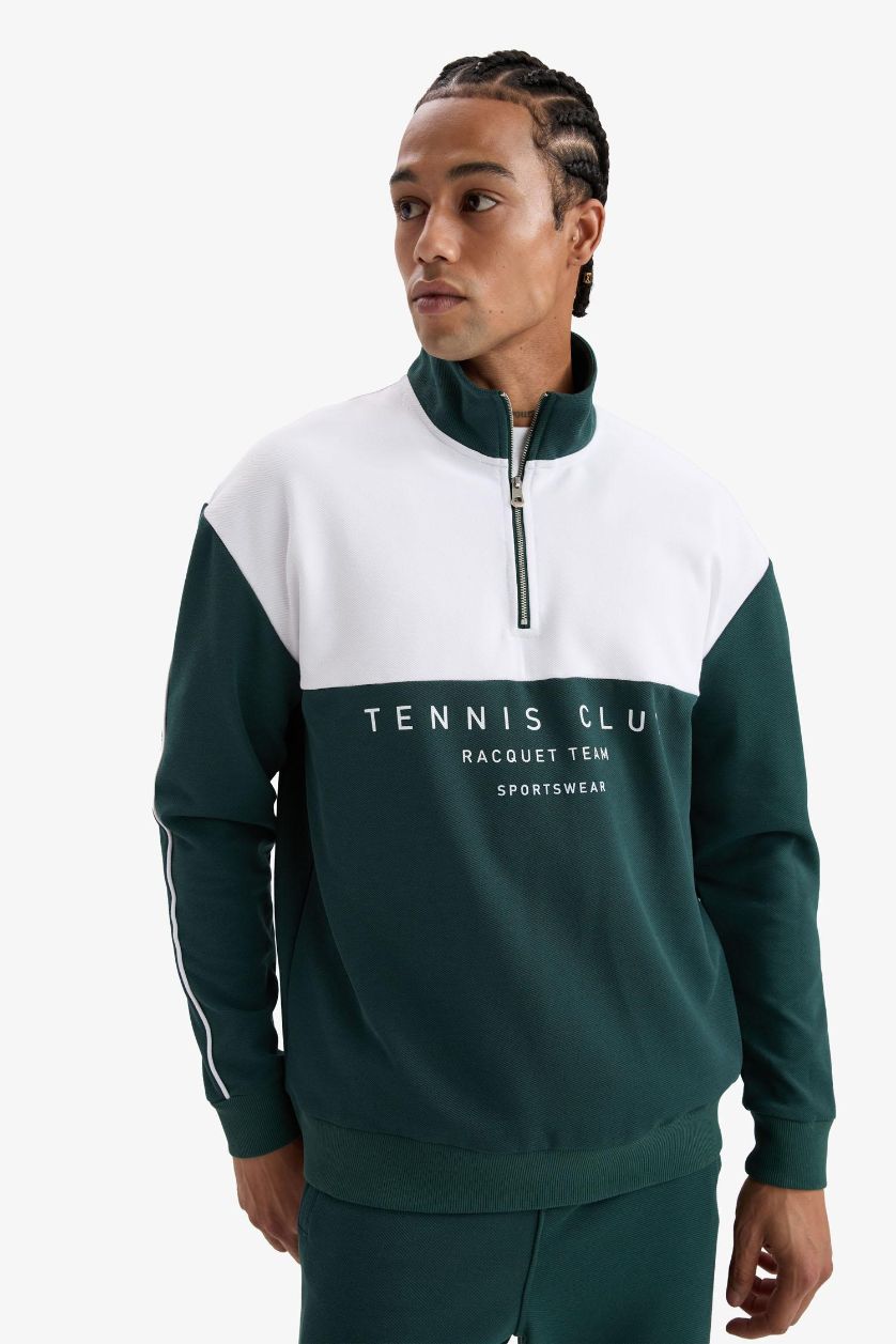 Erkek Koyu Yeşil Boxy Fit Dik Yaka Yarım Fermuarlı Baskılı Sporcu Sweatshirt