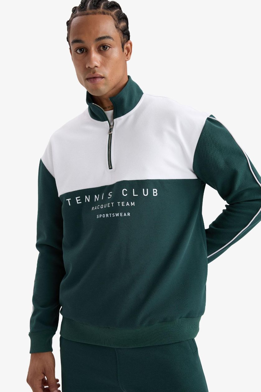 Erkek Koyu Yeşil Boxy Fit Dik Yaka Yarım Fermuarlı Baskılı Sporcu Sweatshirt