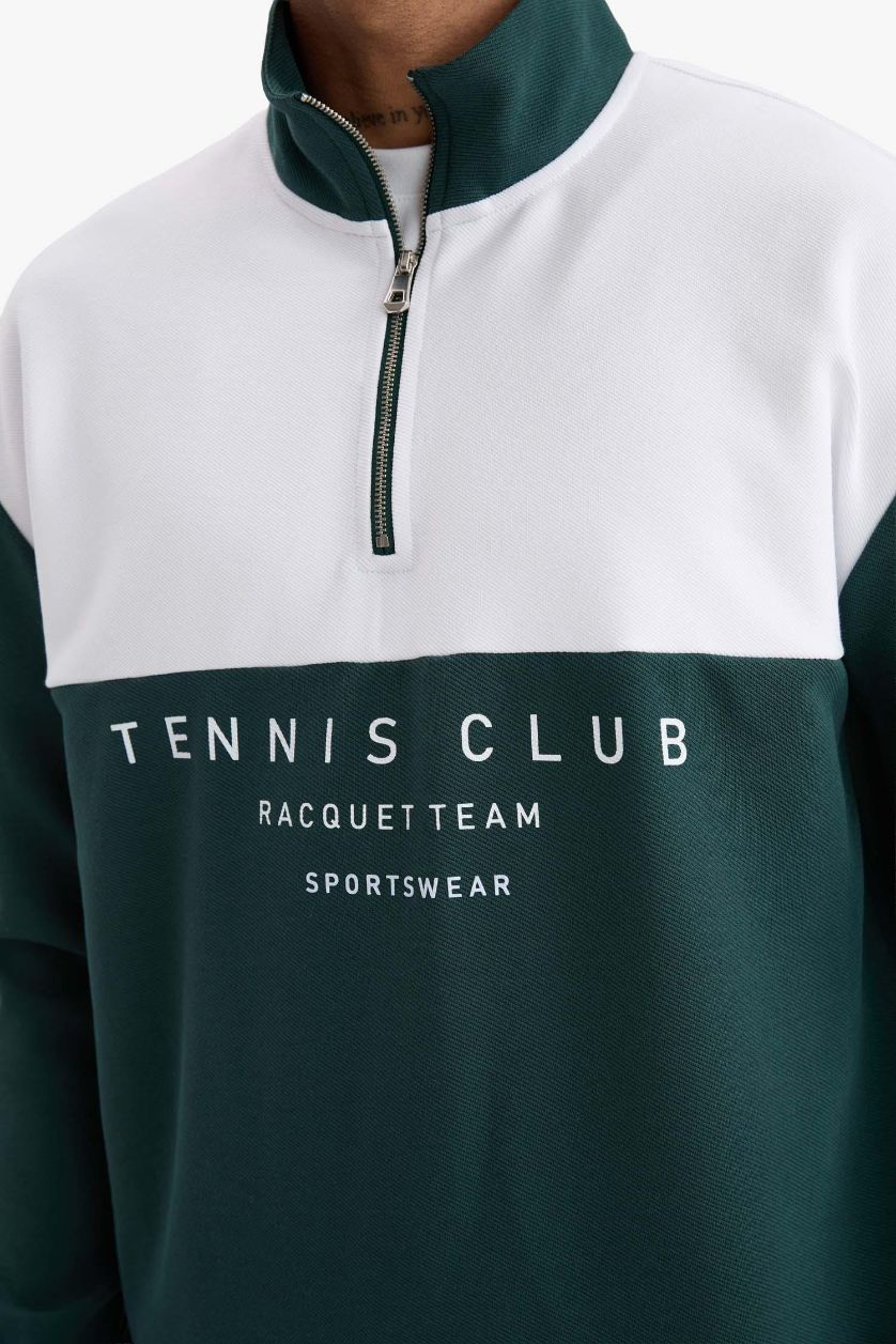 Erkek Koyu Yeşil Boxy Fit Dik Yaka Yarım Fermuarlı Baskılı Sporcu Sweatshirt