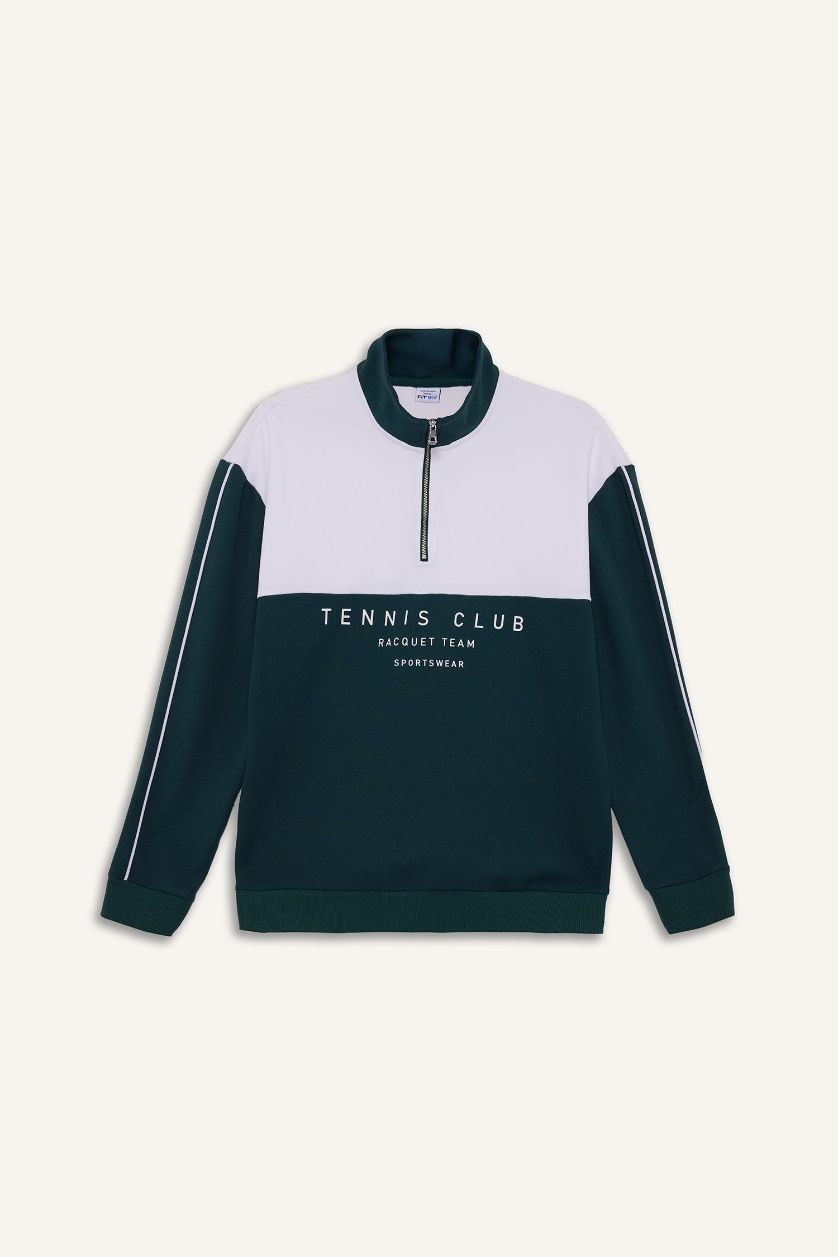Erkek Koyu Yeşil Boxy Fit Dik Yaka Yarım Fermuarlı Baskılı Sporcu Sweatshirt