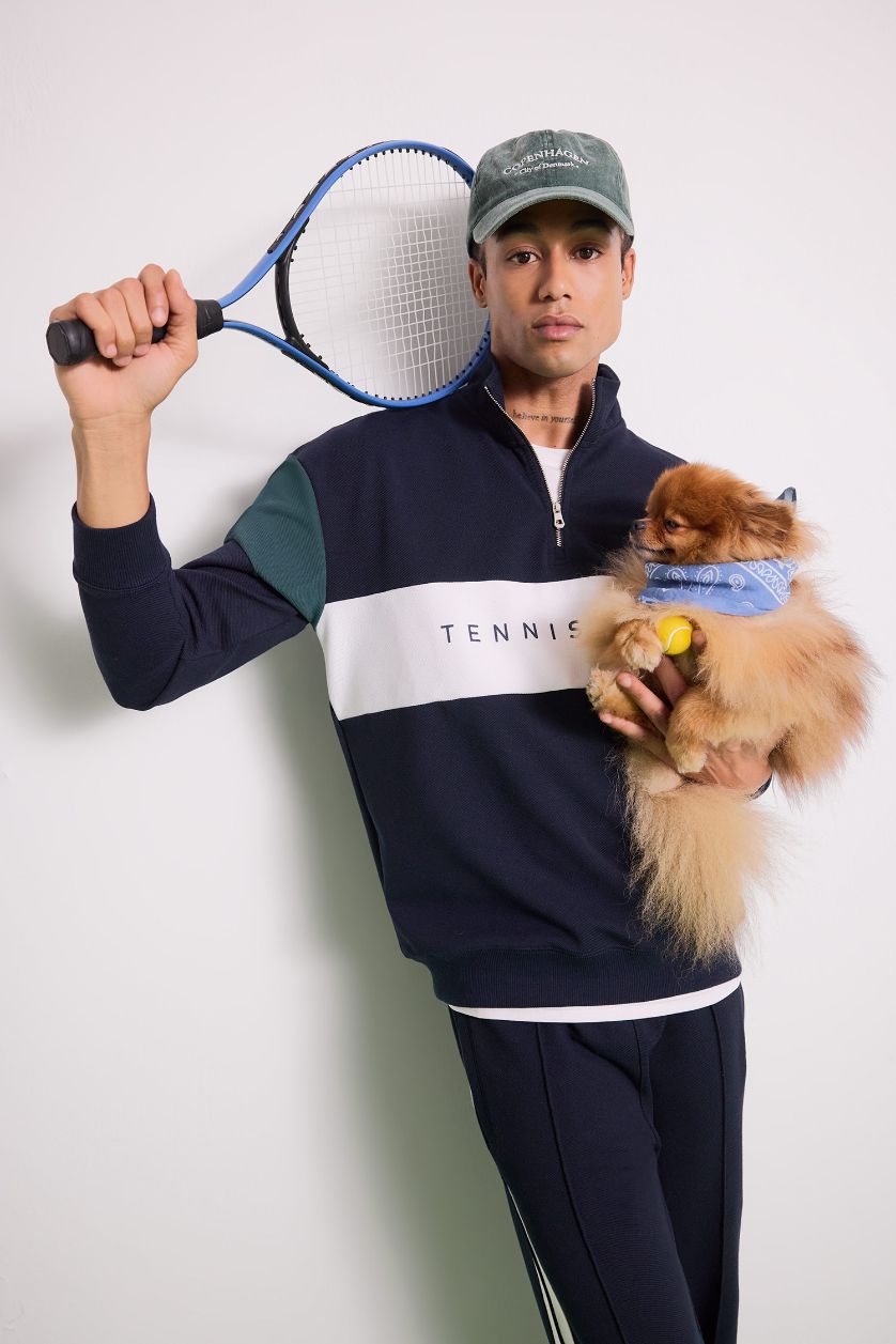 Erkek Lacivert Boxy Fit Dik Yaka Yarım Fermuarlı Sporcu Sweatshirt