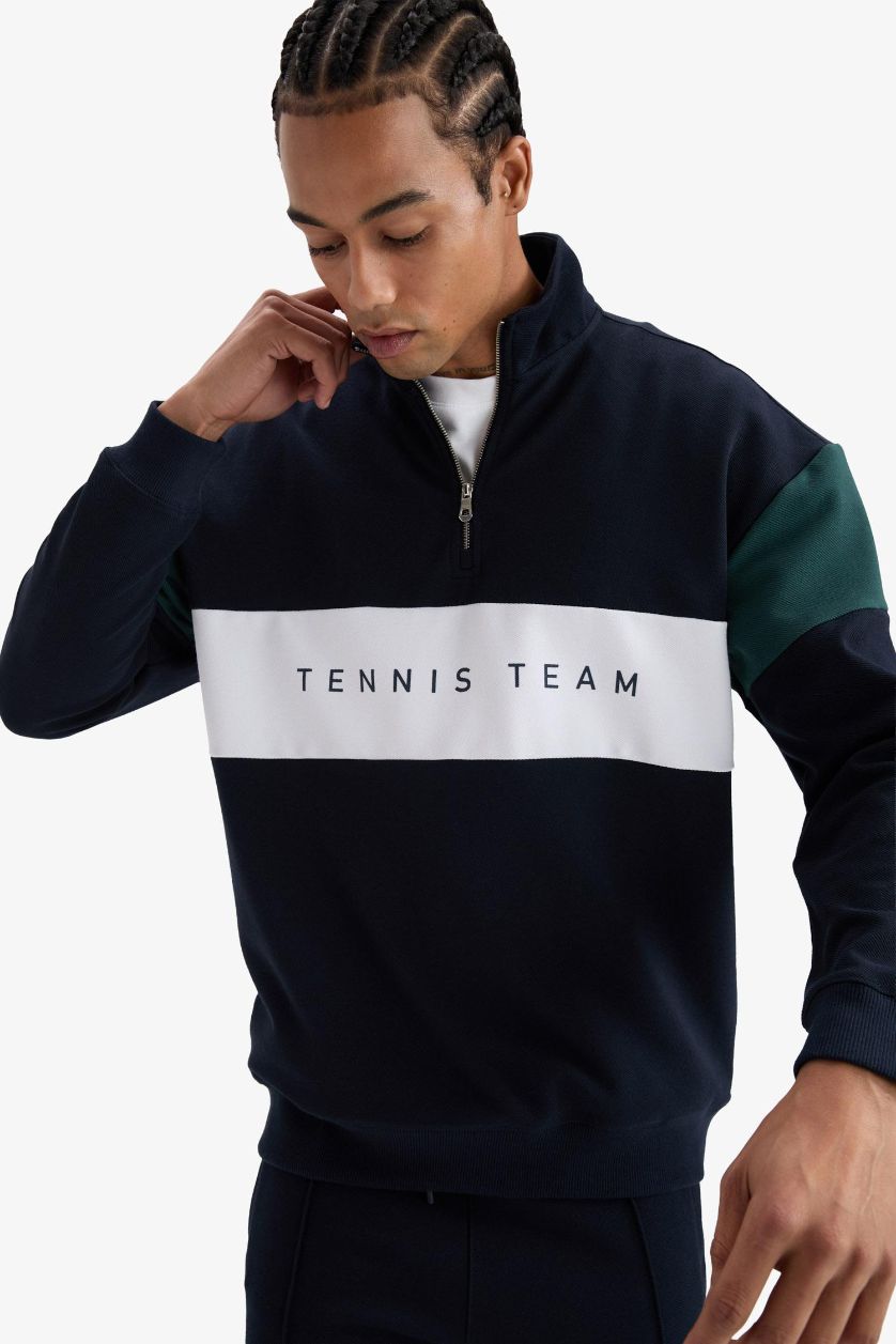 Erkek Lacivert Boxy Fit Dik Yaka Yarım Fermuarlı Sporcu Sweatshirt