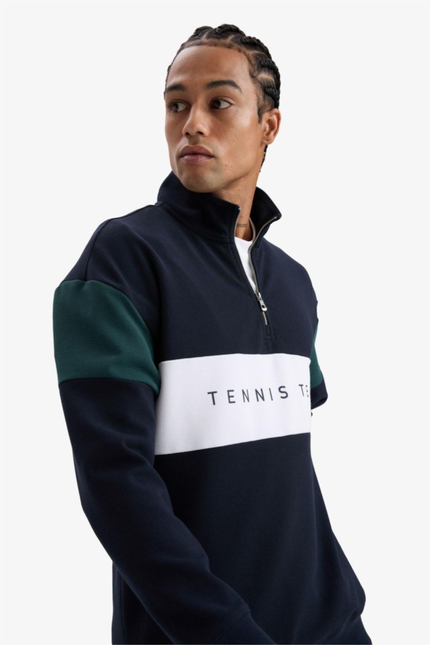 Erkek Lacivert Boxy Fit Dik Yaka Yarım Fermuarlı Sporcu Sweatshirt