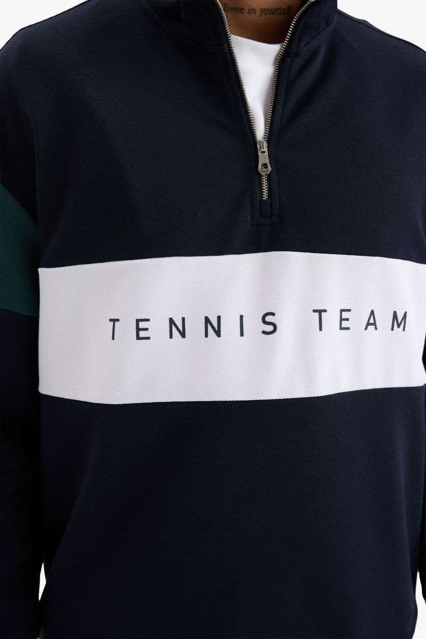 Erkek Lacivert Boxy Fit Dik Yaka Yarım Fermuarlı Sporcu Sweatshirt