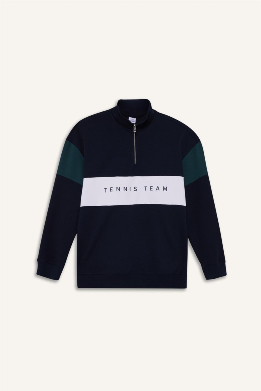 Erkek Lacivert Boxy Fit Dik Yaka Yarım Fermuarlı Sporcu Sweatshirt