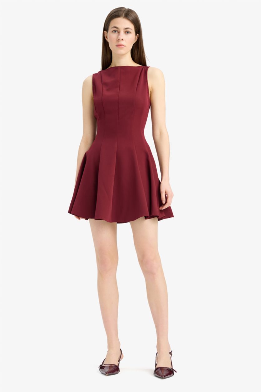 Kadın Bordo Kayık Yaka Basic Düz Kolsuz Mini Abiye Elbise