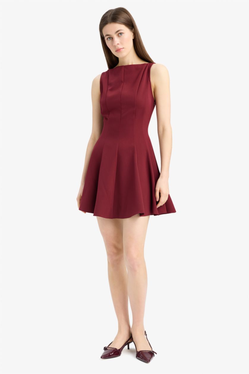 Kadın Bordo Kayık Yaka Basic Düz Kolsuz Mini Abiye Elbise