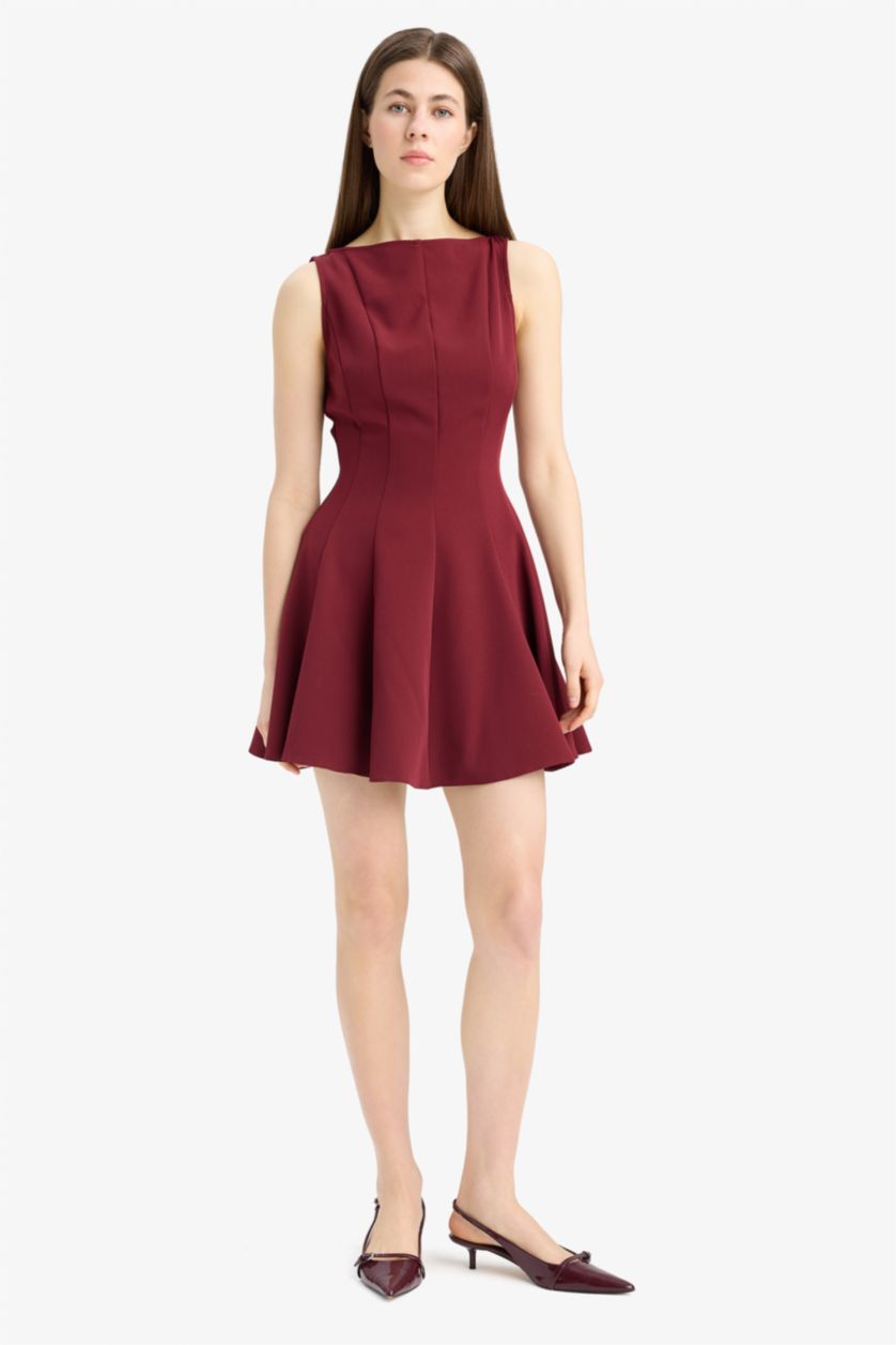 Kadın Bordo Kayık Yaka Basic Düz Kolsuz Mini Abiye Elbise