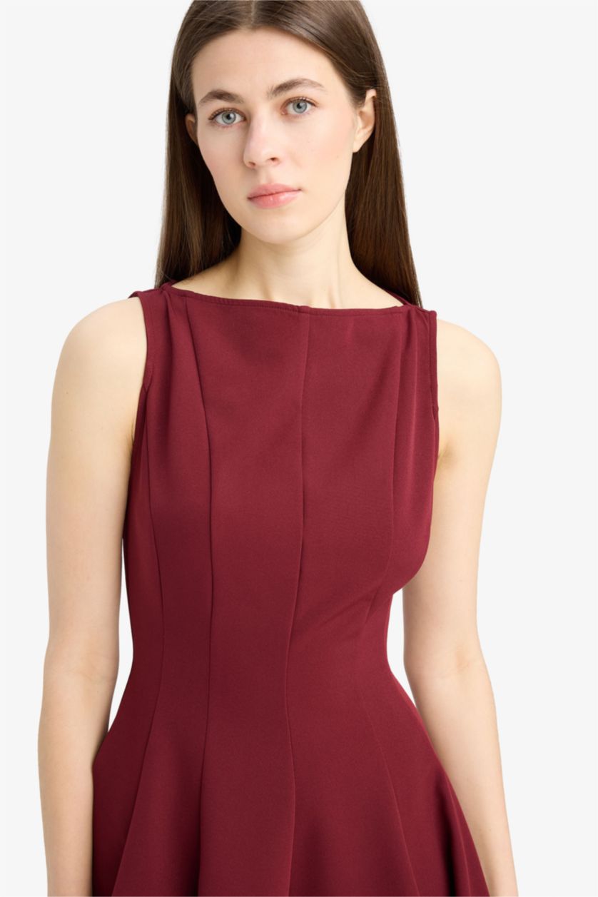 Kadın Bordo Kayık Yaka Basic Düz Kolsuz Mini Abiye Elbise