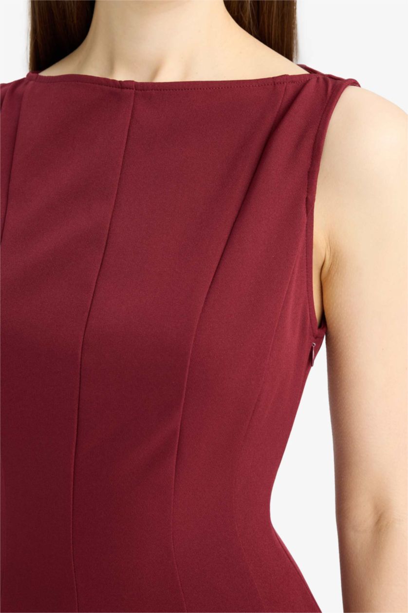 Kadın Bordo Kayık Yaka Basic Düz Kolsuz Mini Abiye Elbise