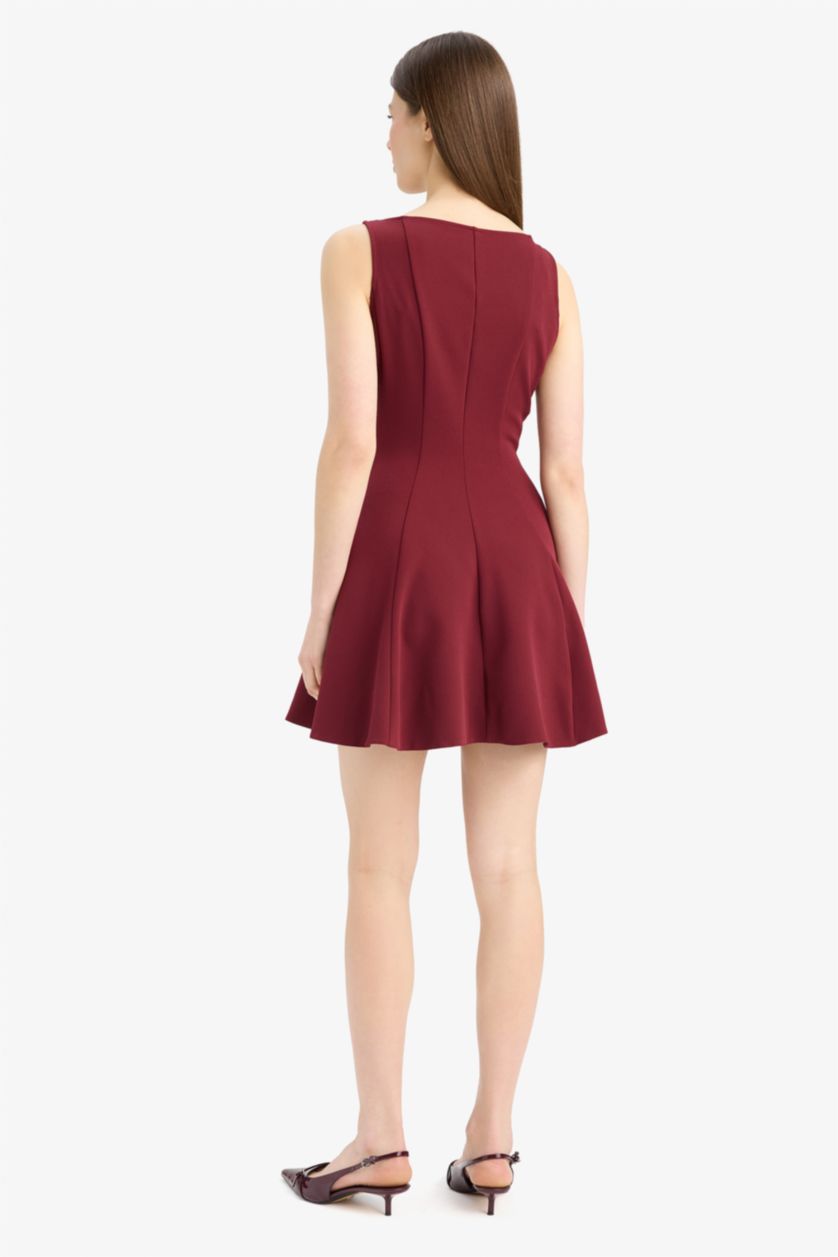 Kadın Bordo Kayık Yaka Basic Düz Kolsuz Mini Abiye Elbise