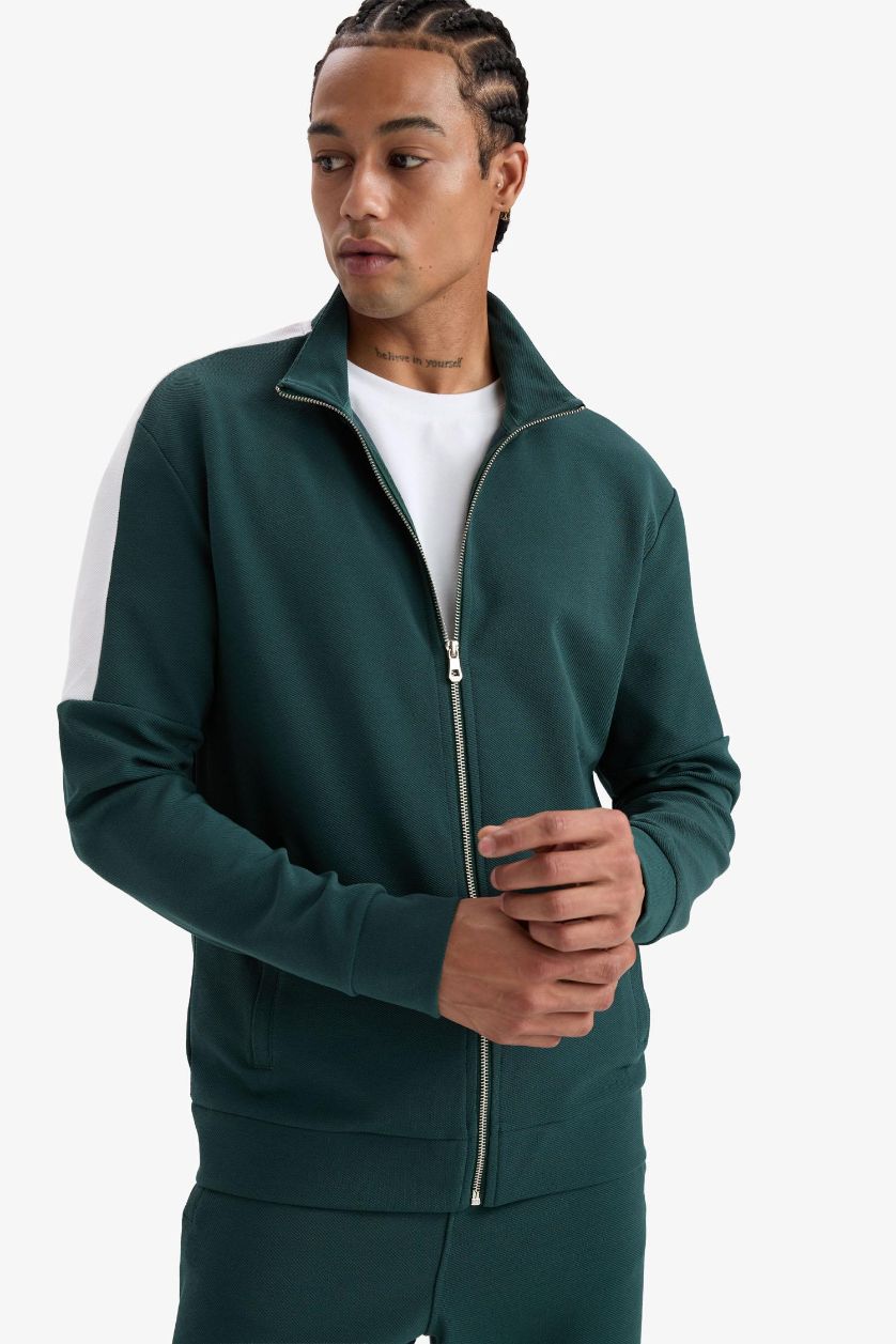 MAN Dark Green Standard Fit Stand Collar Zip-Up Sweatshirt