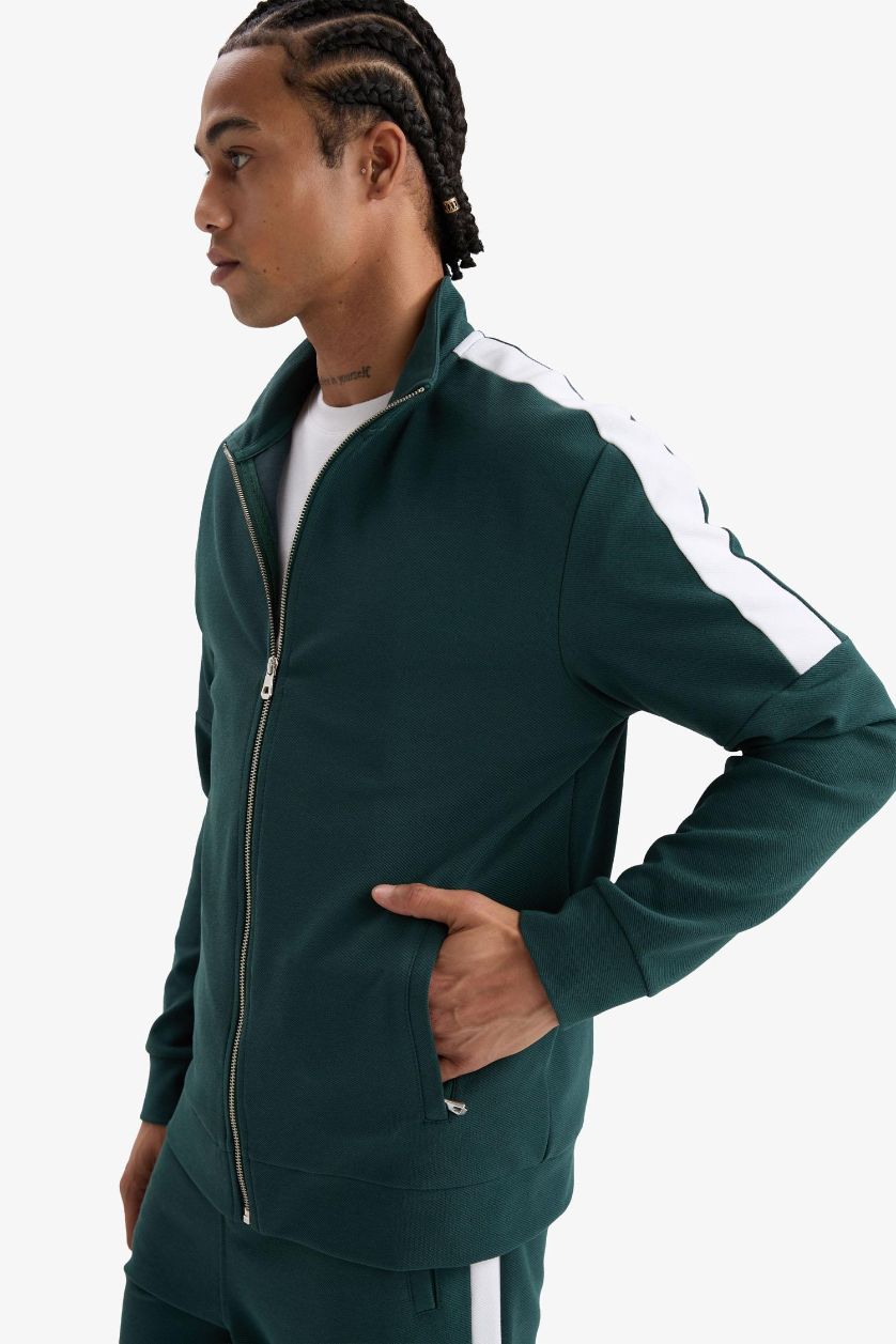 MAN Dark Green Standard Fit Stand Collar Zip-Up Sweatshirt