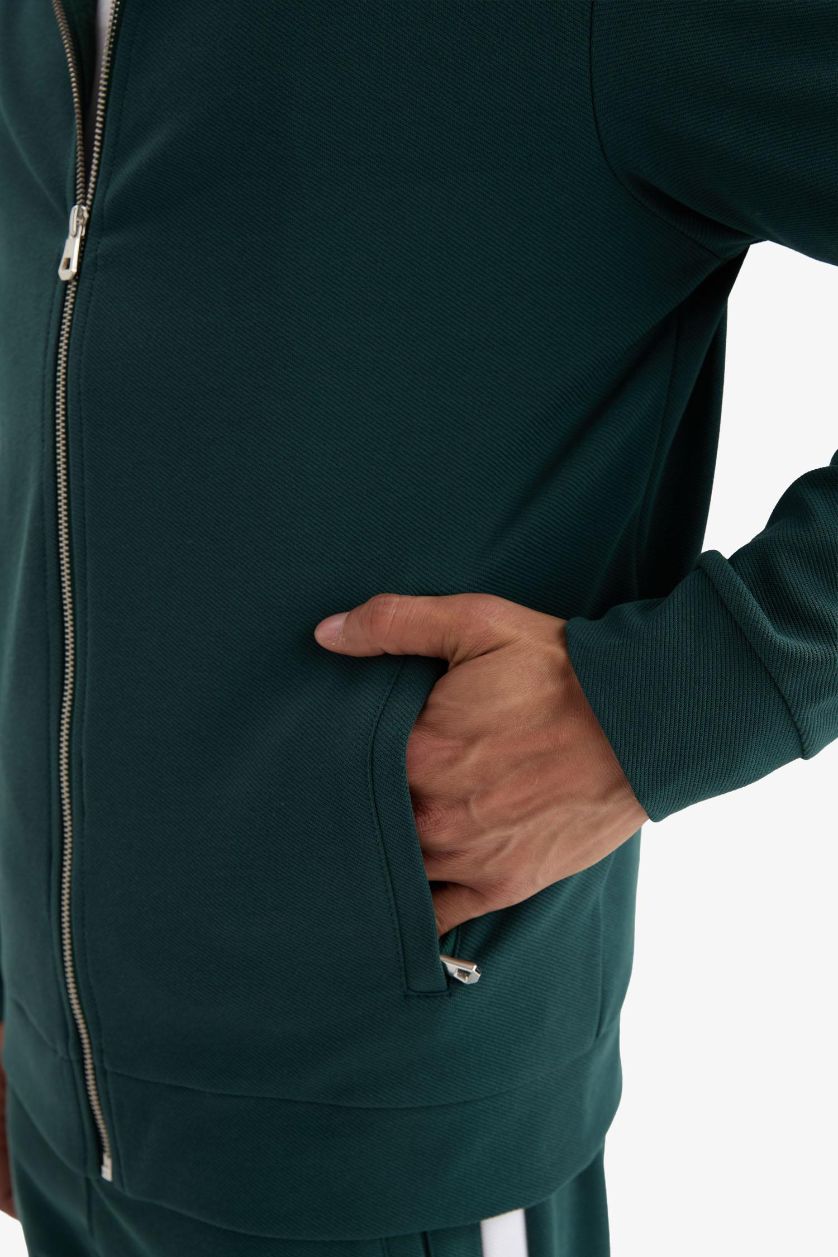 MAN Dark Green Standard Fit Stand Collar Zip-Up Sweatshirt