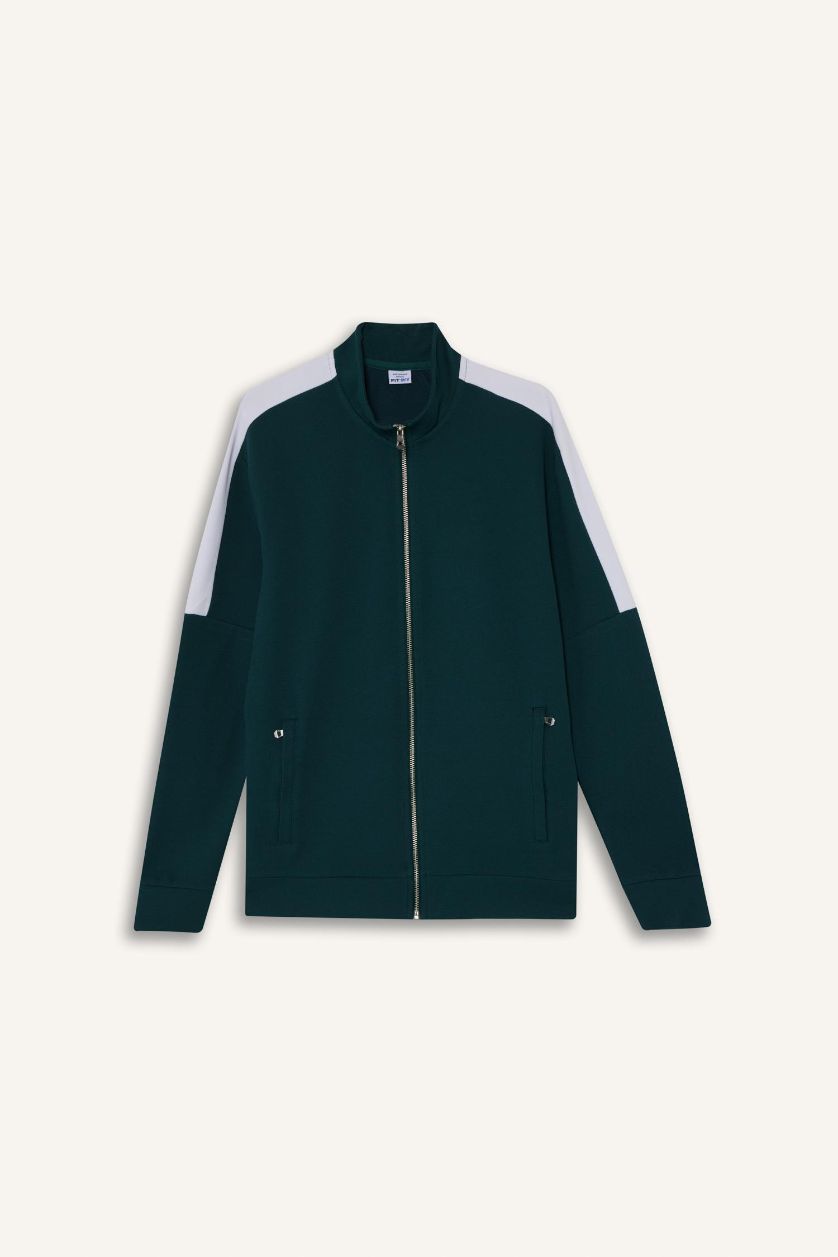 MAN Dark Green Standard Fit Stand Collar Zip-Up Sweatshirt