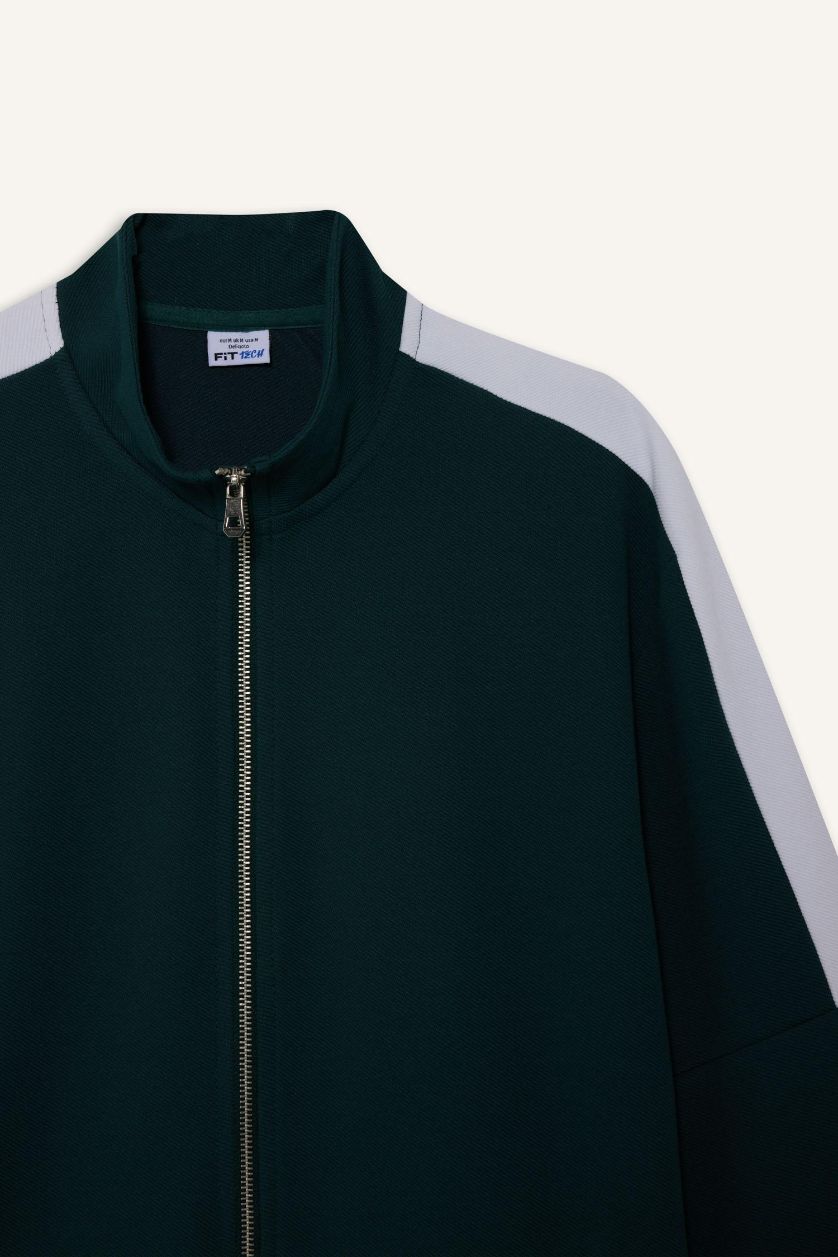 MAN Dark Green Standard Fit Stand Collar Zip-Up Sweatshirt