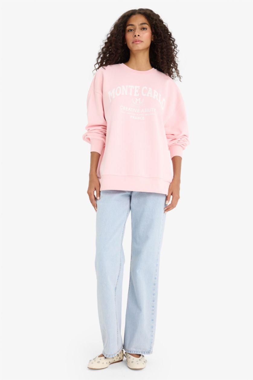 Женщины Светло-розовый Оверсайз свободный крой с круглым вырезом толстый свитшот с принтом