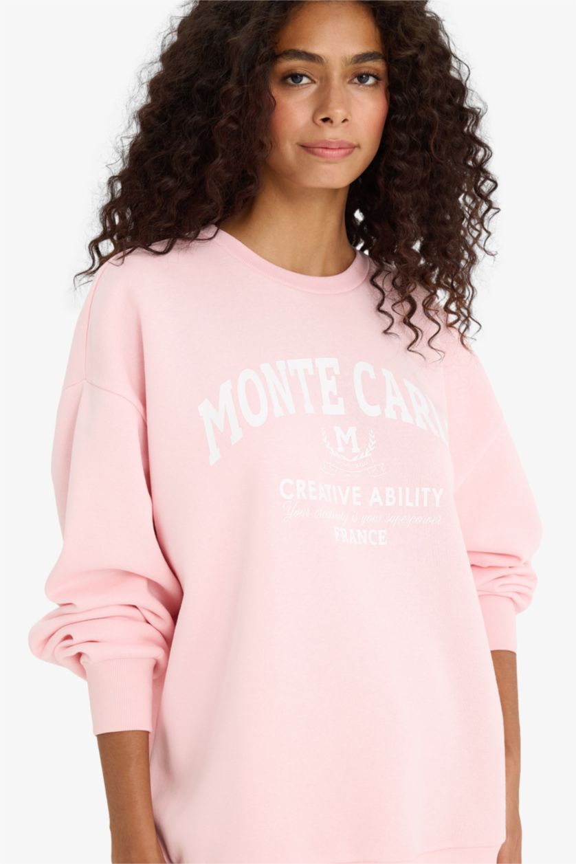 Женщины Светло-розовый Оверсайз свободный крой с круглым вырезом толстый свитшот с принтом