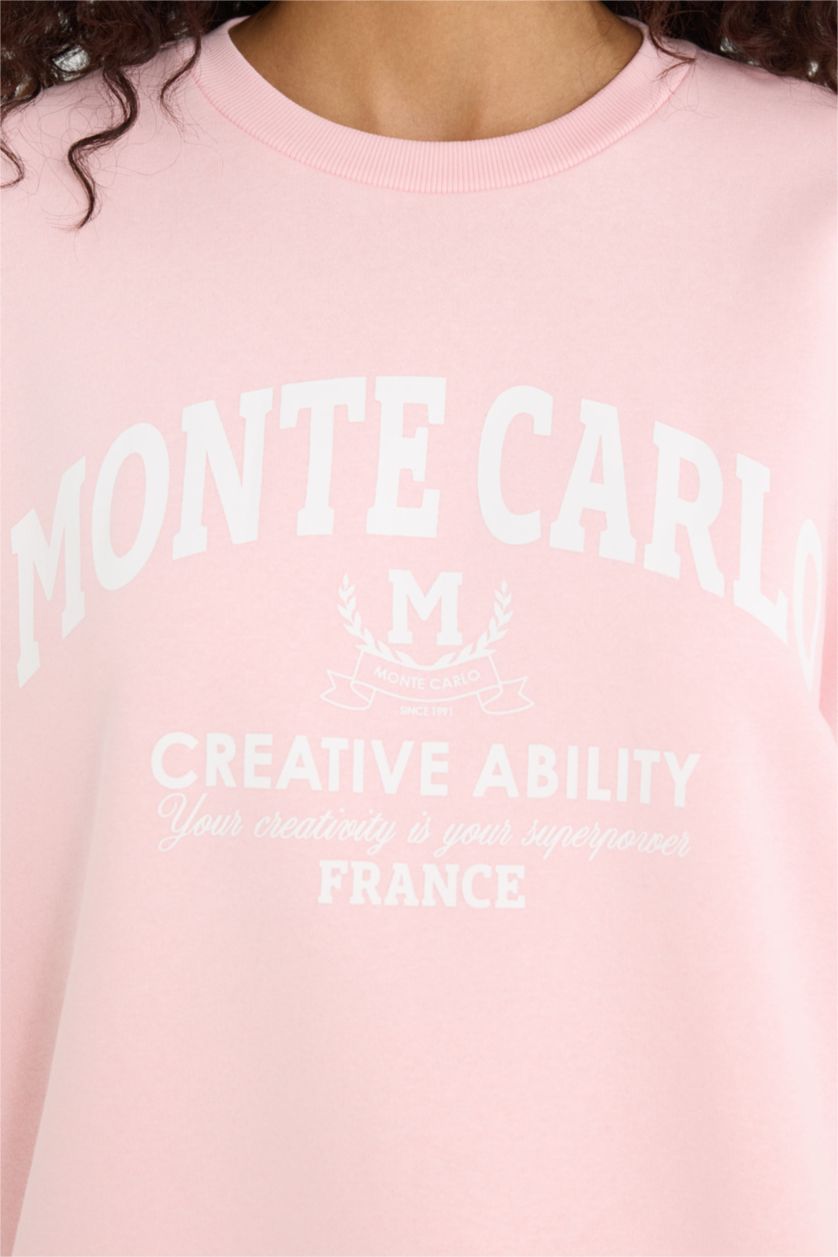 Женщины Светло-розовый Оверсайз свободный крой с круглым вырезом толстый свитшот с принтом