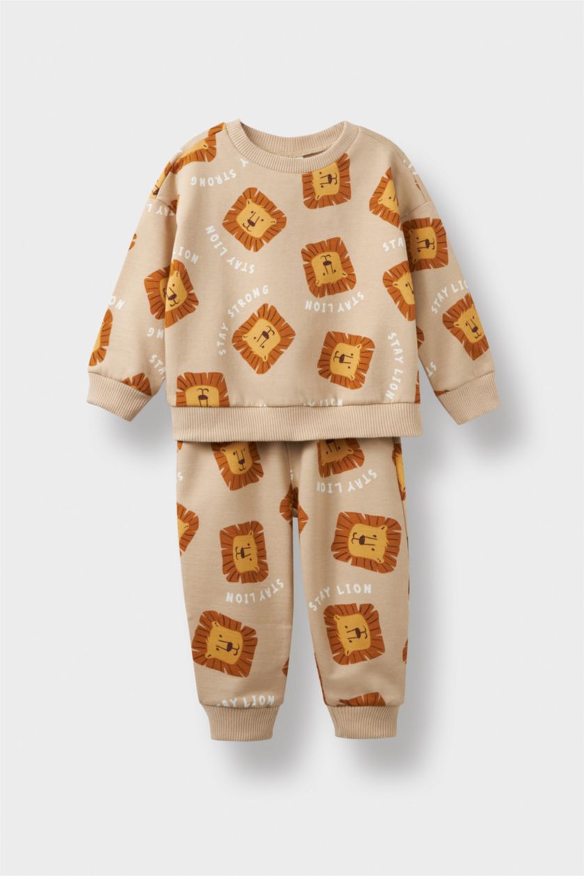 Erkek Bebek Bej Erkek Bebek 2'li Takım Desenli Sweatshirt Eşofman Altı