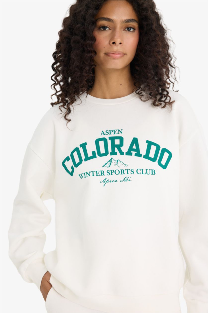 Woman Ecru Oversize Fit Printed Long Sleeve Sweatshirt