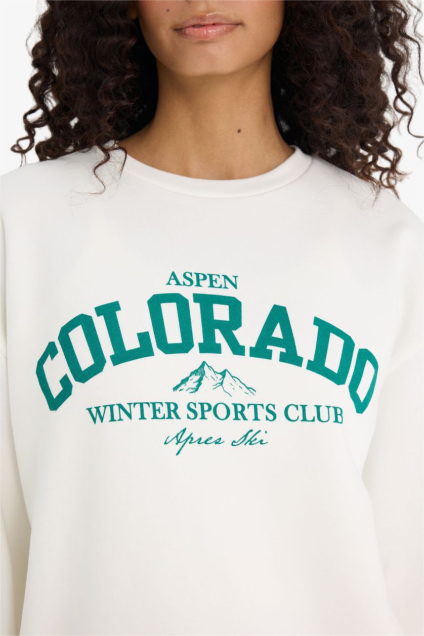 Woman Ecru Oversize Fit Printed Long Sleeve Sweatshirt