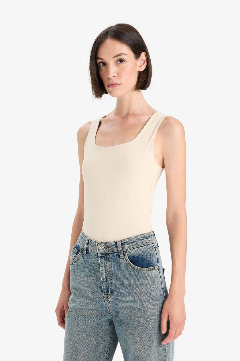 WOMAN Sand Slim Fit Square Neck Basic Tank Top