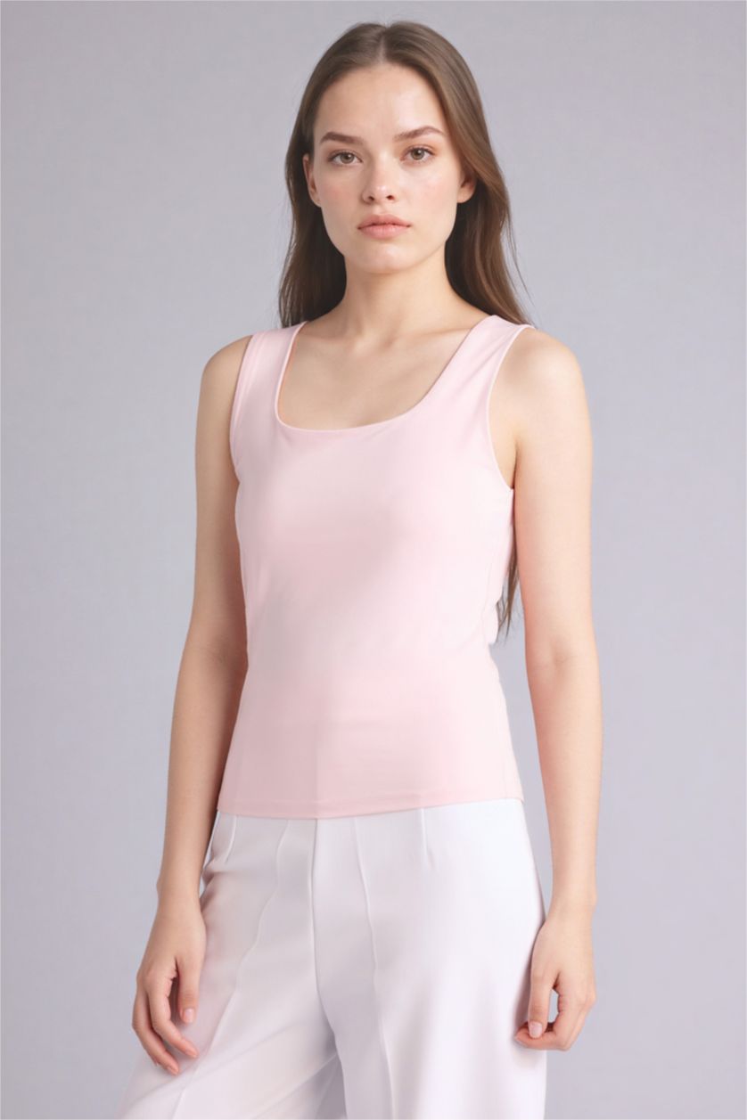 WOMAN Light Pink Slim Fit Basic Square Collar Tank Top