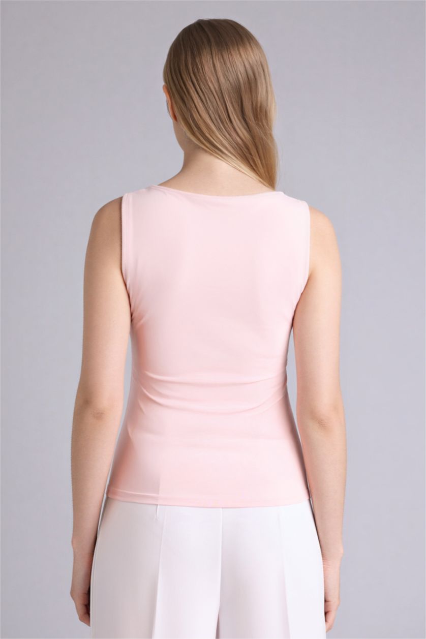 WOMAN Light Pink Slim Fit Basic Square Collar Tank Top