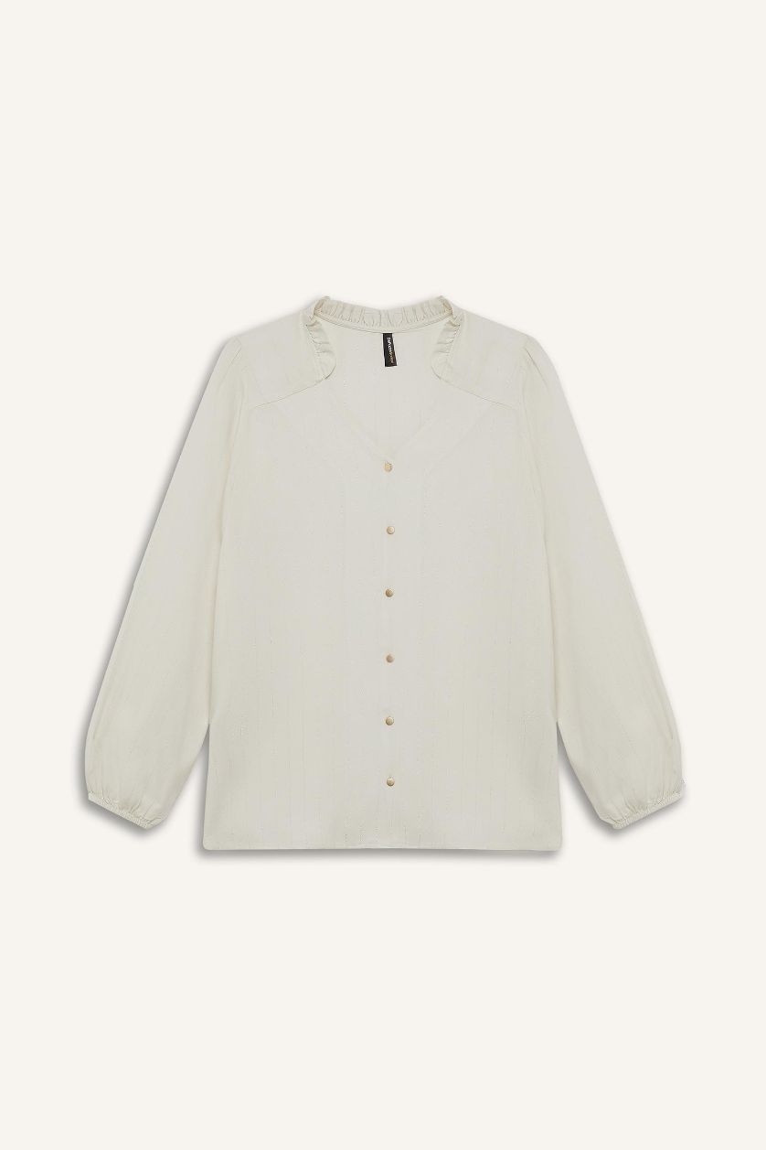 Kadın Ekru Regular Fıt Bisiklet Yaka Simli Kumaş Uzun Kollu Gömlek