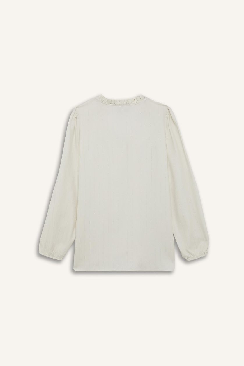 Kadın Ekru Regular Fıt Bisiklet Yaka Simli Kumaş Uzun Kollu Gömlek