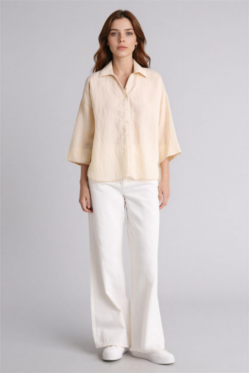 Kadın Bej Regular Fıt Gömlek Yaka Uzun Kollu Gömlek