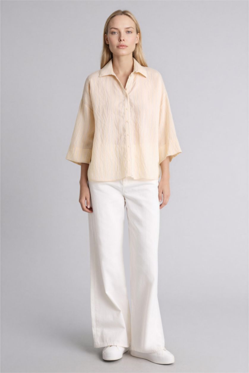 نساء بيج قميص ردن طويل قصة عادية