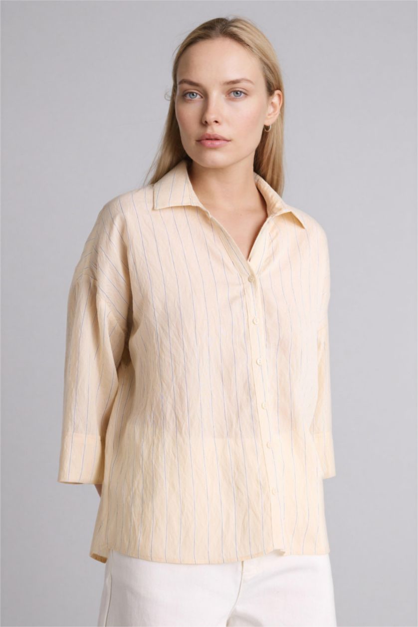 نساء بيج قميص ردن طويل قصة عادية