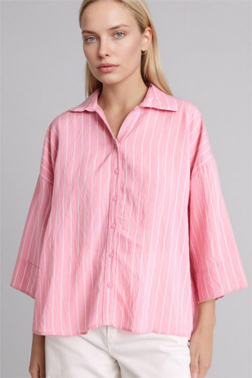 Әйелдерге Ашық Қызғылт Рубашка Regular Fit с рубашечным воротником и длинным рукавом