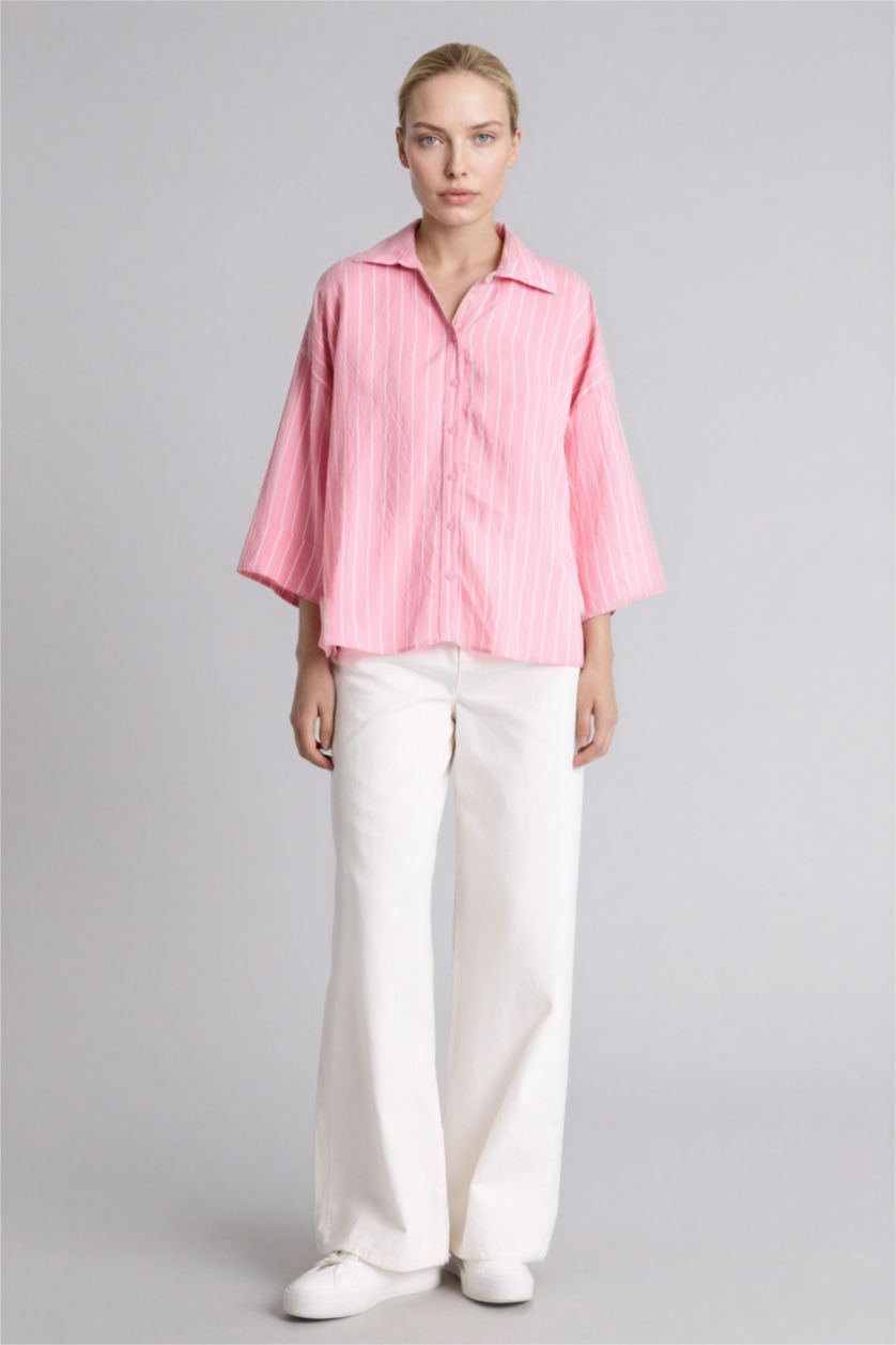 Әйелдерге Ашық Қызғылт Рубашка Regular Fit с рубашечным воротником и длинным рукавом