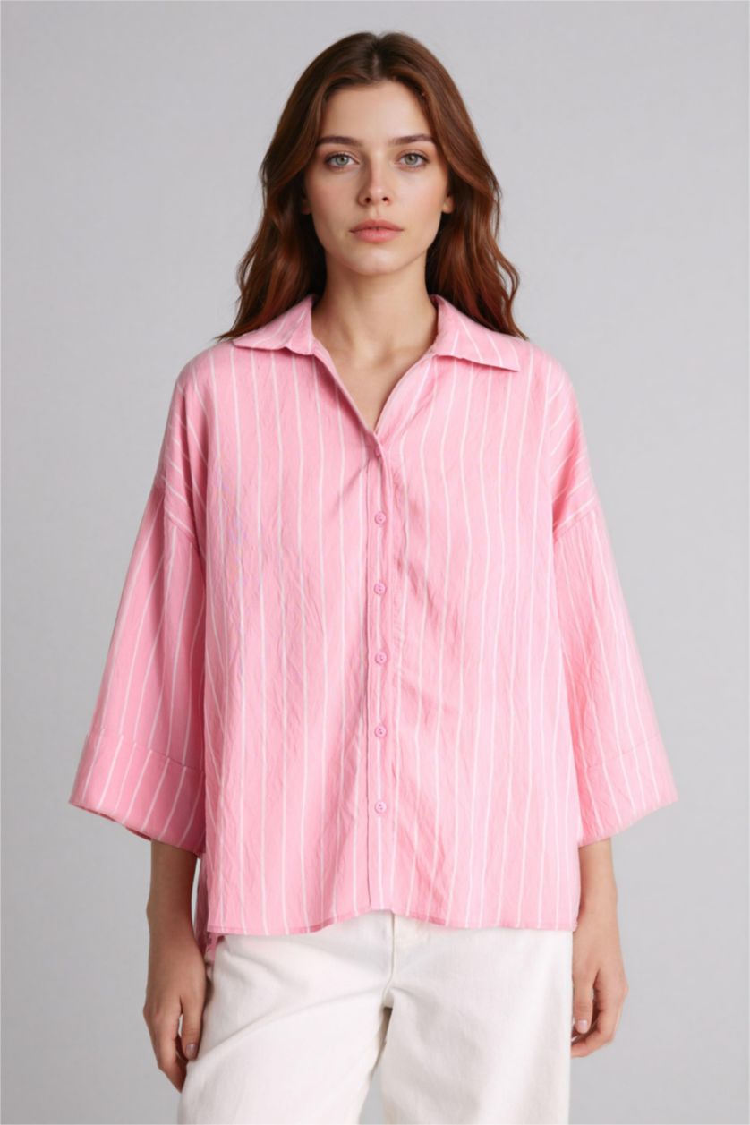 Kadın Açık Pembe Regular Fıt Gömlek Yaka Uzun Kollu Gömlek
