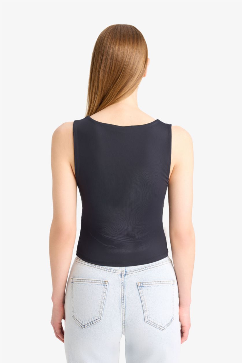 Женщины Черный Узкий крой, простая, однотонная майка с прямоугольным вырезом