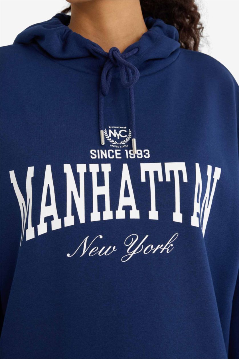 Женщины Синий Оверсайз, свободный покрой, толстовка с капюшоном и принтом, толстая