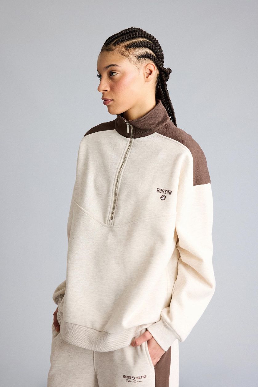 WOMAN Beige Melange Oversize Fit Half Zippered NBA Boston Celtics Sweatshirt