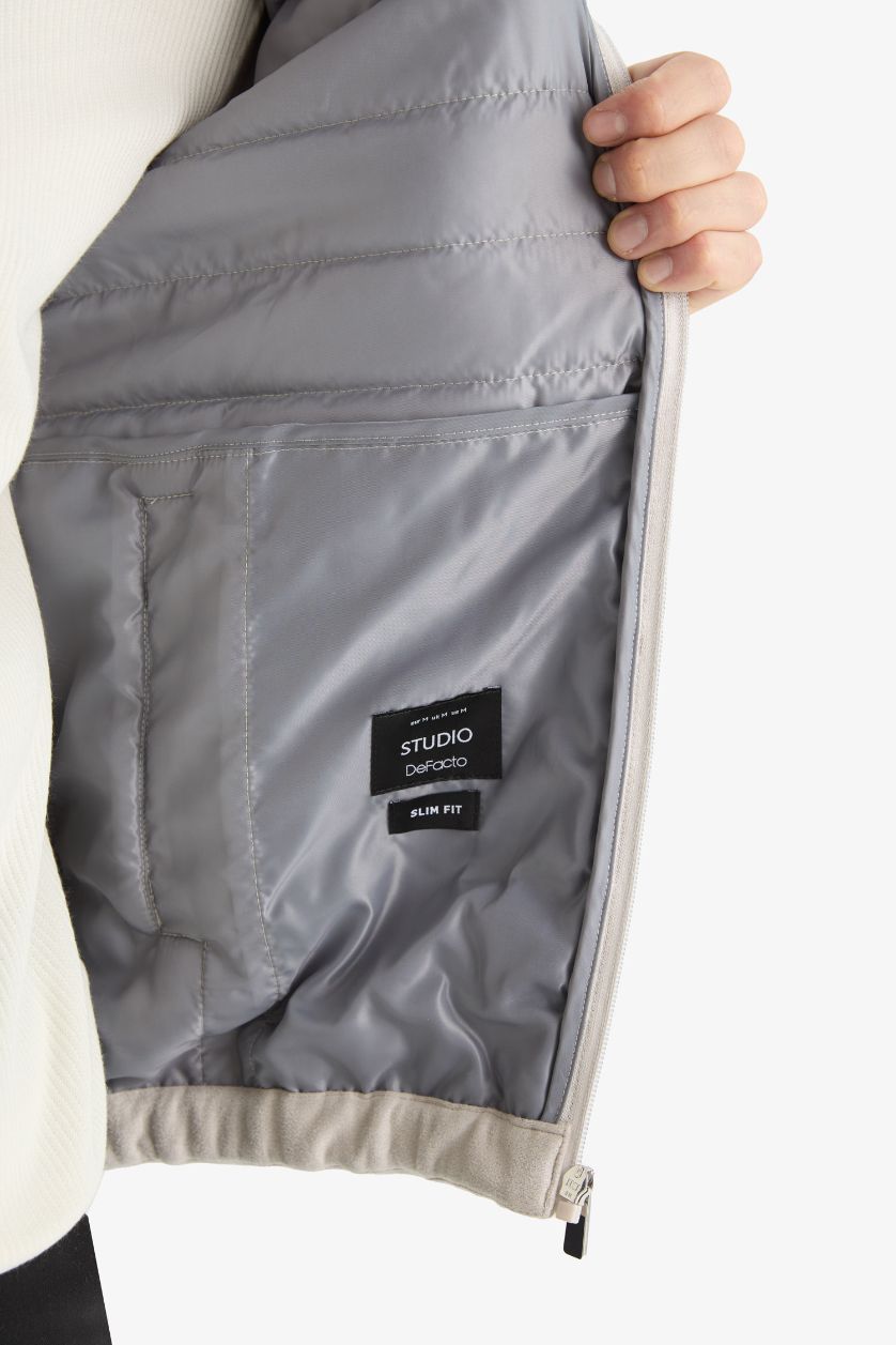 Erkek Açık Gri Slim Fit Dar Kesim Dik Yaka Astarlı Fermuarlı Cepli Mevsimlik Baharlık Süet Yelek