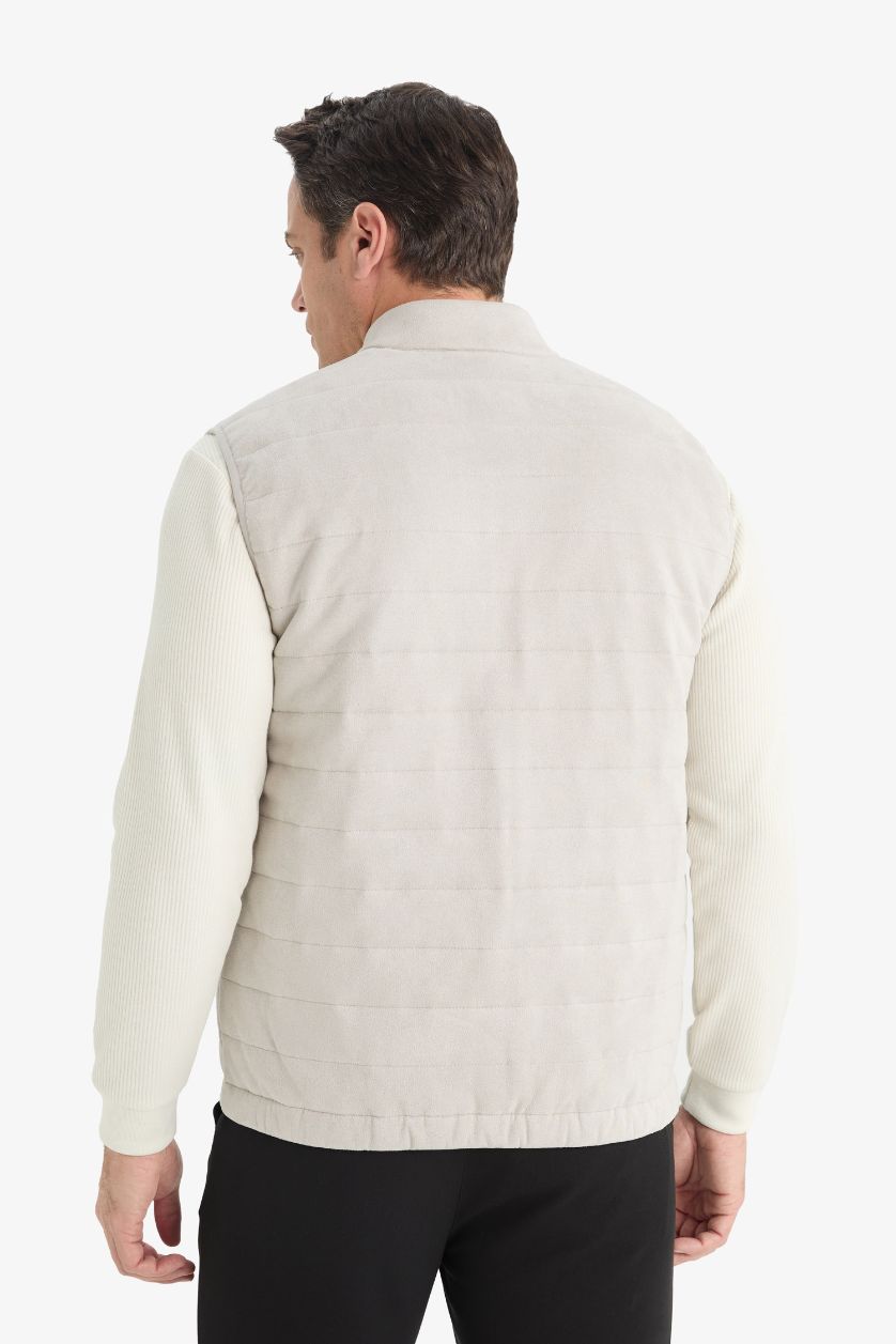 Erkek Açık Gri Slim Fit Dar Kesim Dik Yaka Astarlı Fermuarlı Cepli Mevsimlik Baharlık Süet Yelek