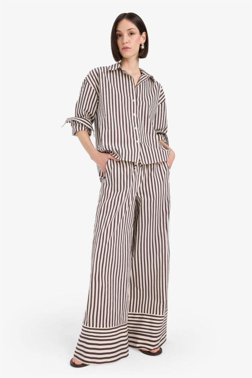 Woman Brown Wide Leg Double Pocket High Waist Trousers