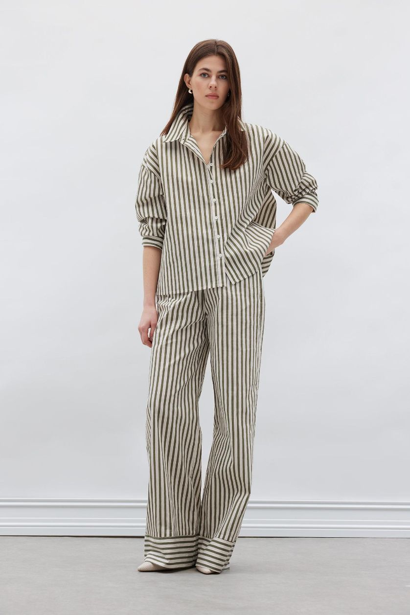 Woman Khaki Wide Leg Double Pocket High Waist Trousers